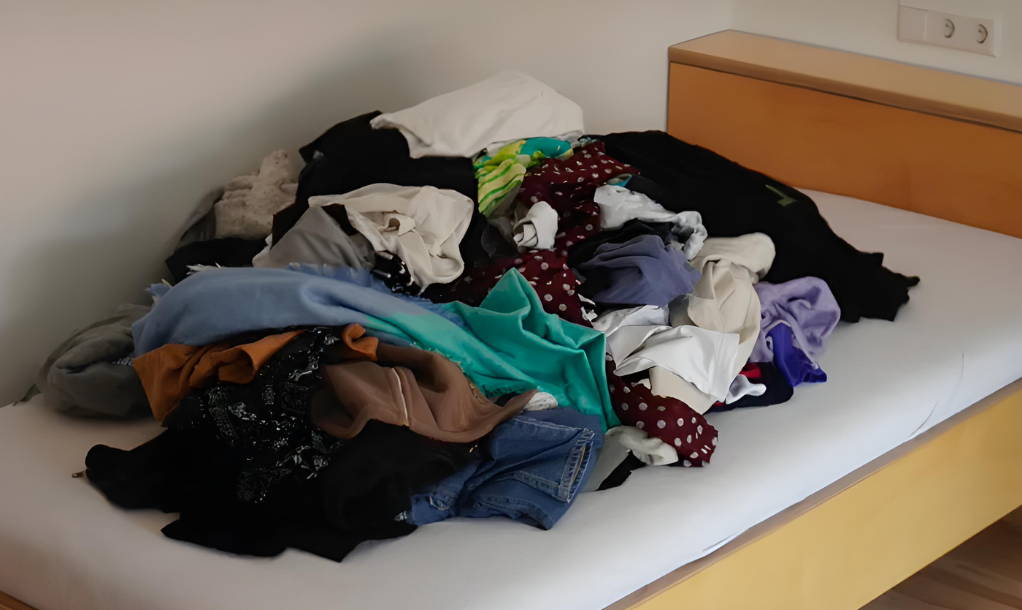 A big pile of clothes is lying on a bed waiting for be decluttered KonMari style