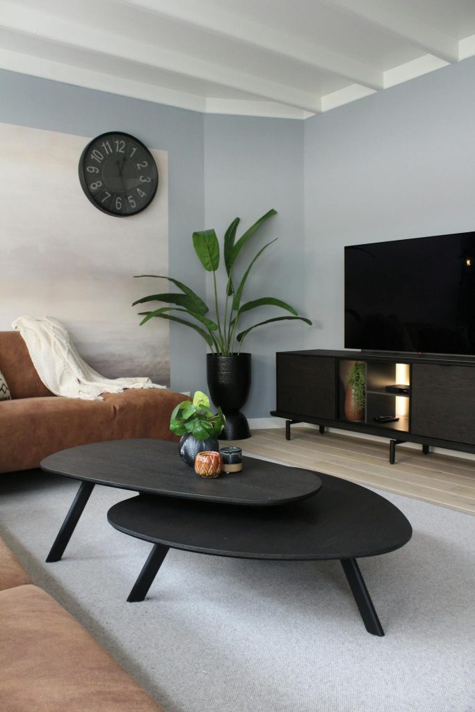 Neat and minimalistic living room with a couch, some side tables, a TV plus TV table and minimal decoration.